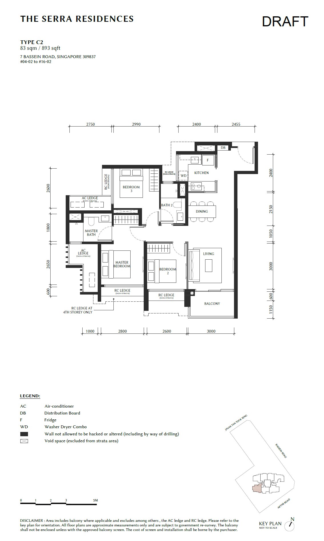 The Serra Residences Type C2 3 Bedroom floor plan, 893 sqft