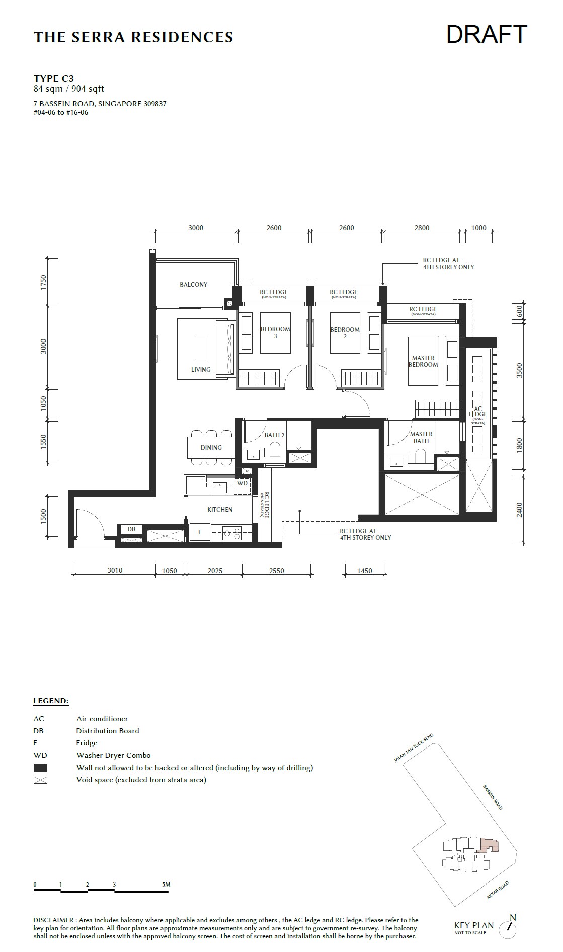 The Serra Residences Type C3 3 Bedroom floor plan, 904 sqft